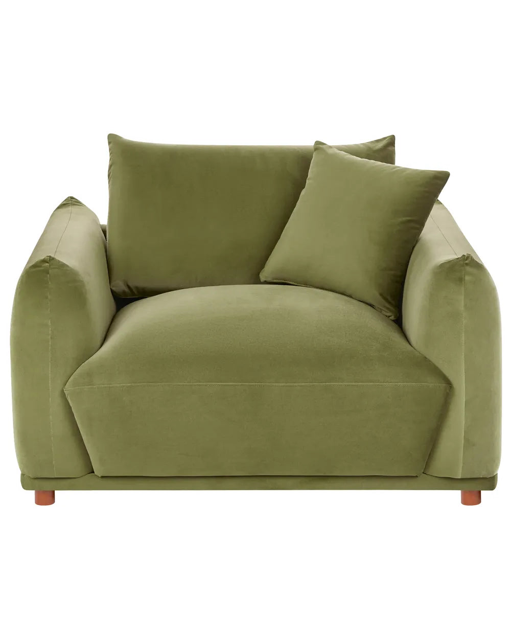 An olive green velvet armchair with two matching back cushions, shown against a plain white background.