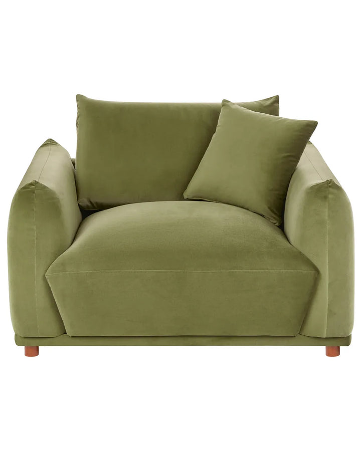 An olive green velvet armchair with two matching back cushions, shown against a plain white background.
