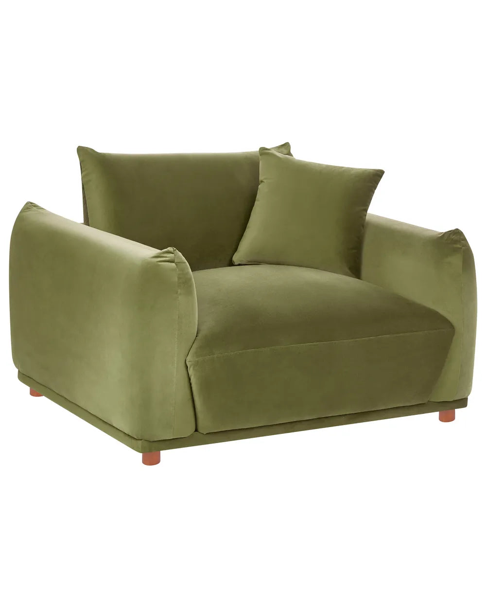 An olive green velvet armchair with two matching throw pillows and small reddish-brown wooden legs, shown against a plain white background.