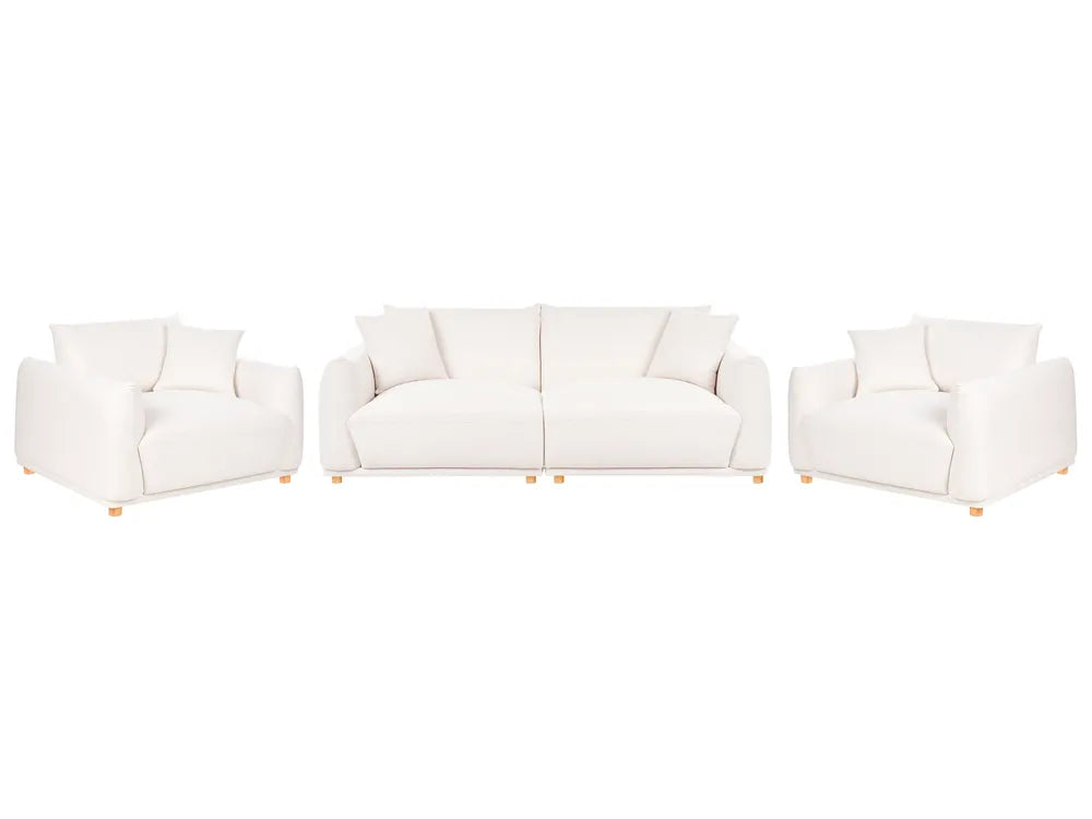 A three-piece white upholstered living room set consisting of a loveseat, two matching armchairs, and small light wood legs, shown against a plain white background.