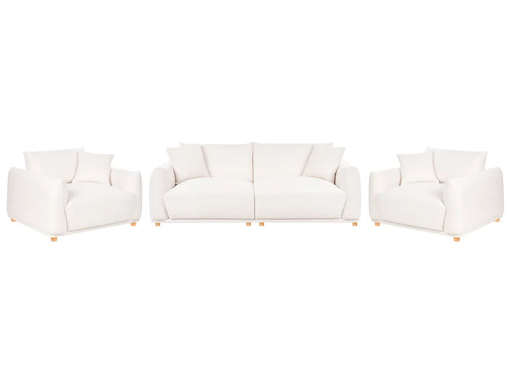 A three-piece white upholstered living room set consisting of a loveseat, two matching armchairs, and small light wood legs, shown against a plain white background.