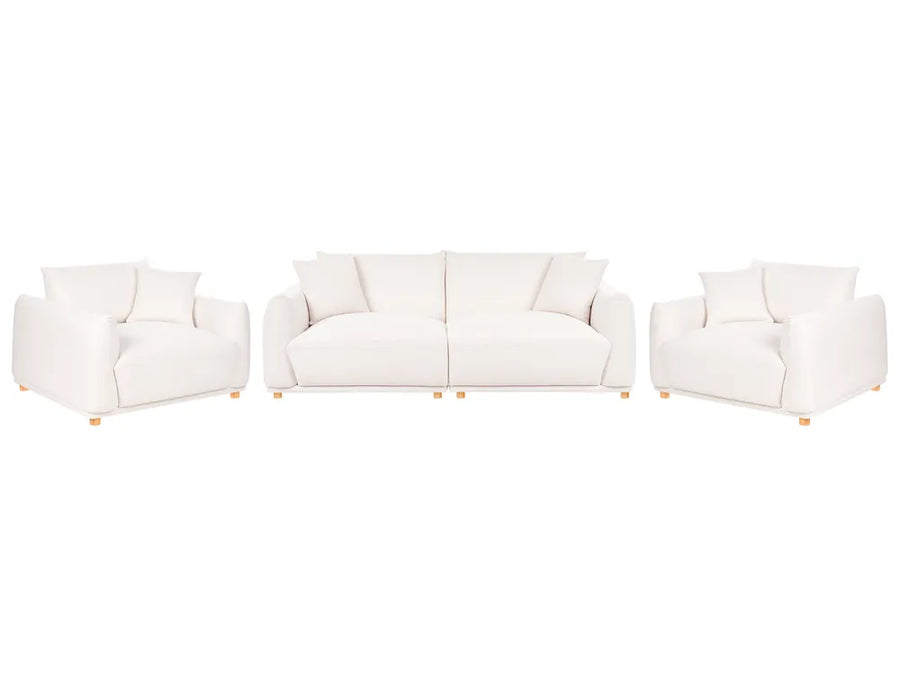 A three-piece white upholstered living room set consisting of a loveseat, two matching armchairs, and small light wood legs, shown against a plain white background.