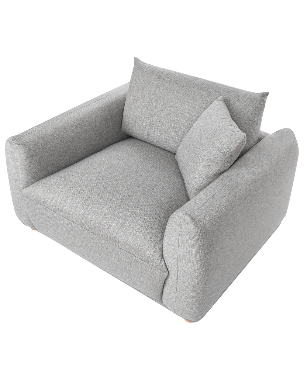 A light gray upholstered armchair with two matching back cushions, shown on a plain white background.