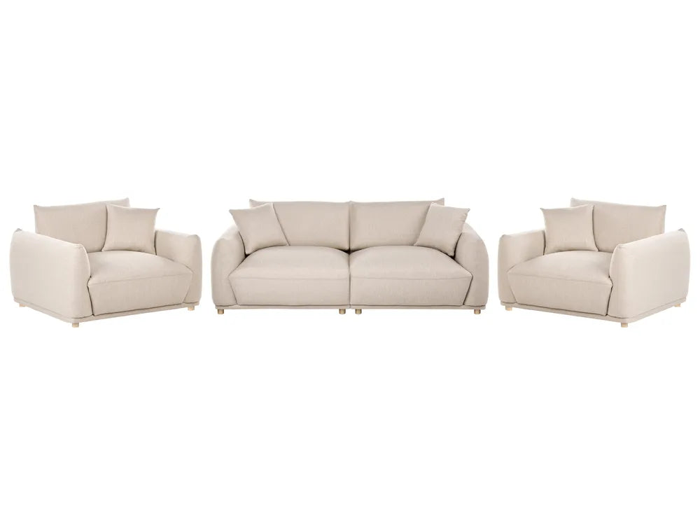 A three-piece beige upholstered living room furniture set consisting of a three-seat sofa in the center and two matching two-seat armchairs on either side, shown against a plain white background.