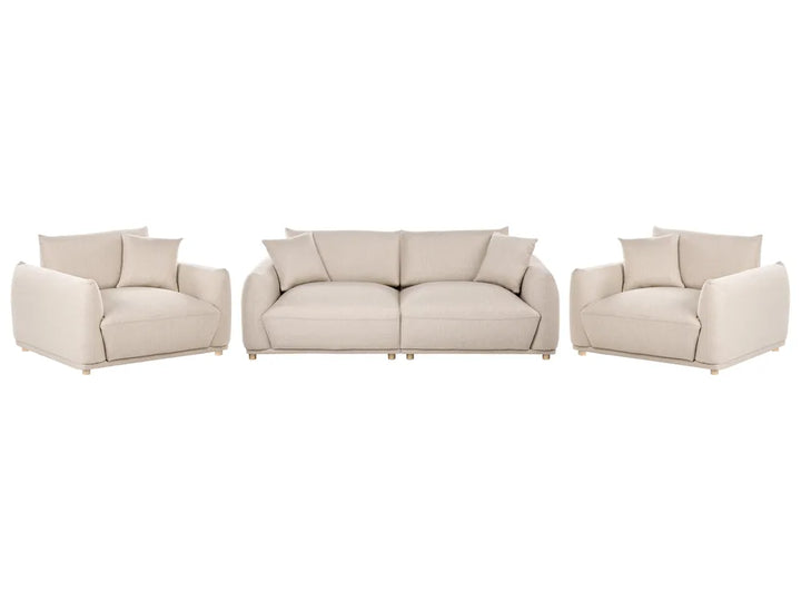 A three-piece beige upholstered living room furniture set consisting of a three-seat sofa in the center and two matching two-seat armchairs on either side, shown against a plain white background.