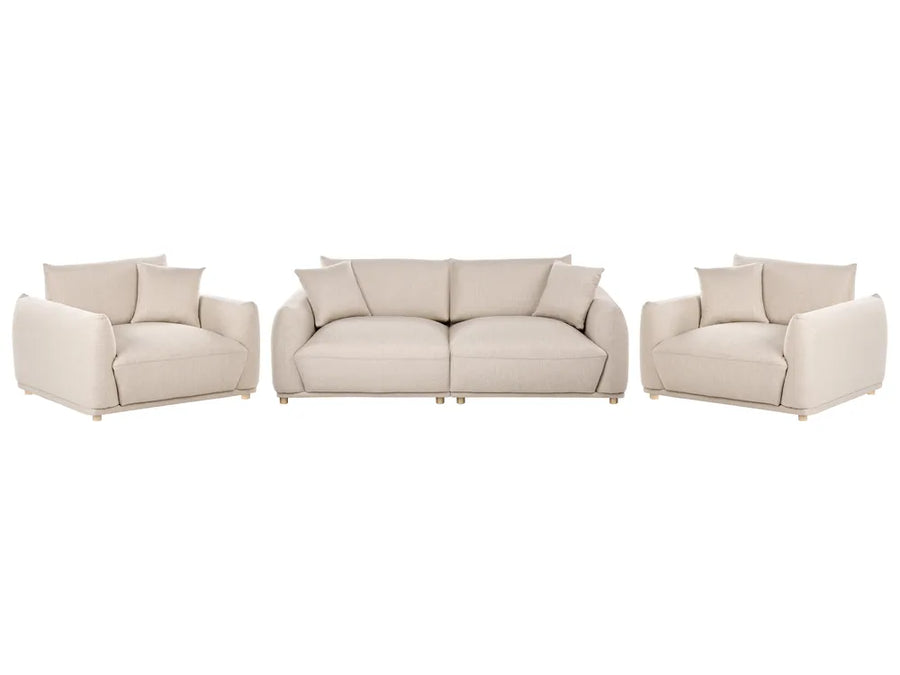 A three-piece beige upholstered living room furniture set consisting of a three-seat sofa in the center and two matching two-seat armchairs on either side, shown against a plain white background.