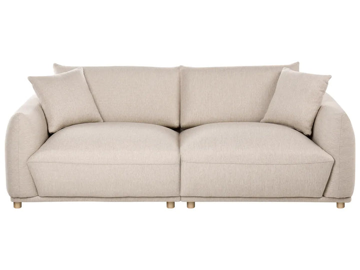 A modern two-seater sofa upholstered in a light beige textured fabric, featuring two matching throw pillows and small wooden legs, shown against a plain white background.
