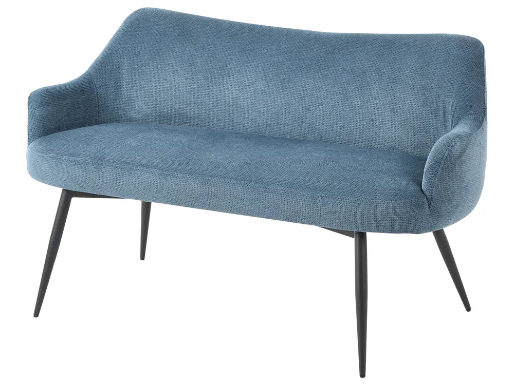A modern blue upholstered loveseat with tapered black metal legs, shown against a plain white background.