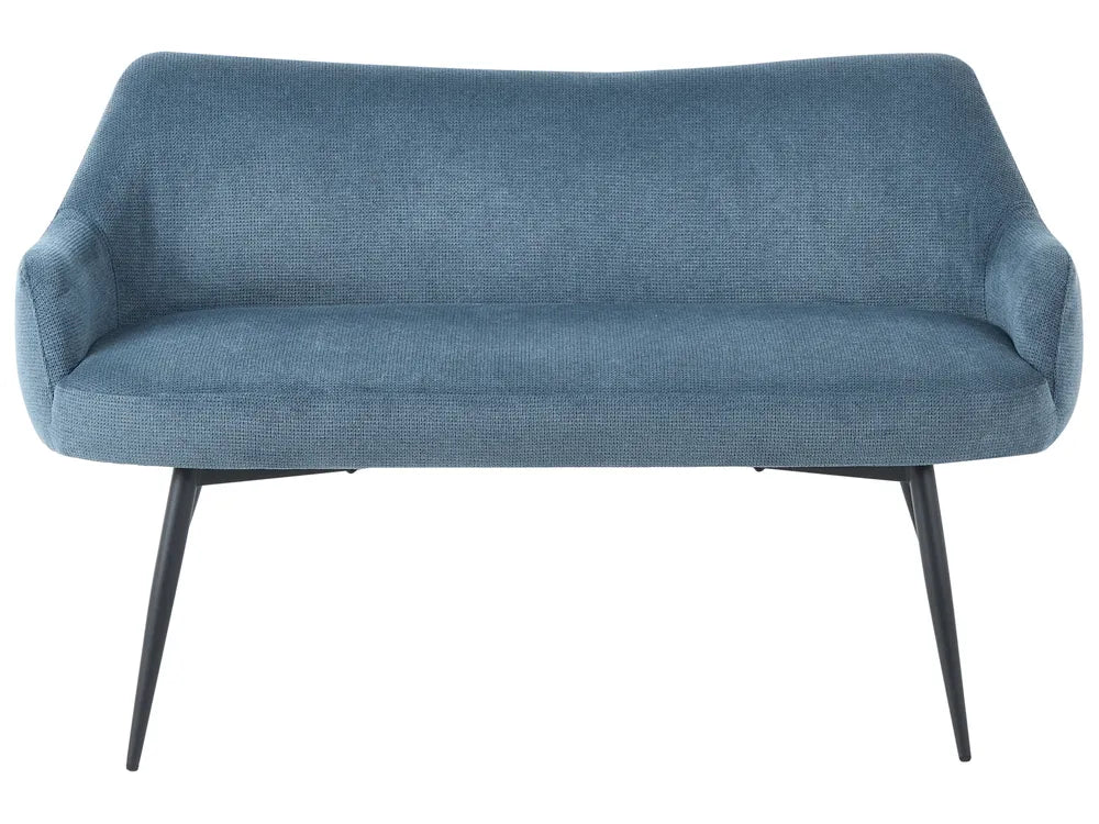 A modern two-seater loveseat sofa upholstered in textured blue fabric with tapered black metal legs, shown against a plain white background.
