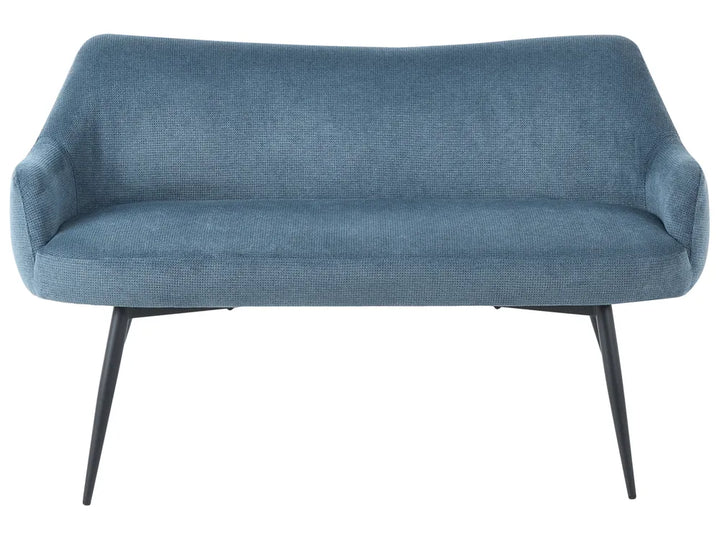 A modern two-seater loveseat sofa upholstered in textured blue fabric with tapered black metal legs, shown against a plain white background.