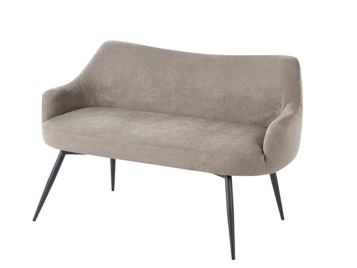 A modern two-seater loveseat sofa with a curved backrest and slim black metal legs, upholstered in a textured taupe fabric, shown against a plain white background.