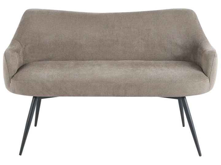 A modern two-seater loveseat sofa upholstered in textured taupe fabric with tapered black metal legs, shown against a plain white background.