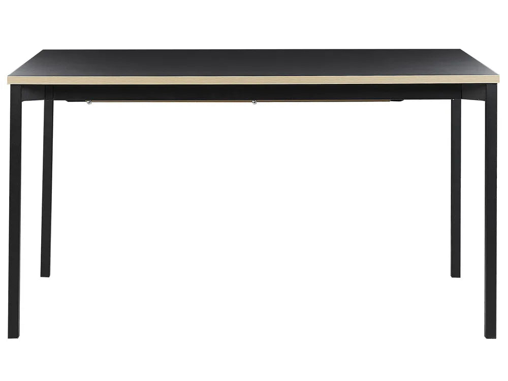 A rectangular desk with a black top and slim black metal legs, featuring a light beige wood-grain edge trim, shown against a plain white background.
