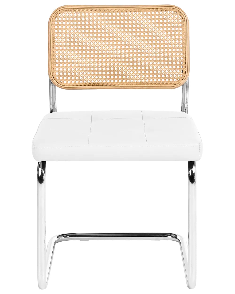 A modern side chair with a white faux leather seat, a natural cane backrest, and a chrome metal frame, shown against a plain white background.