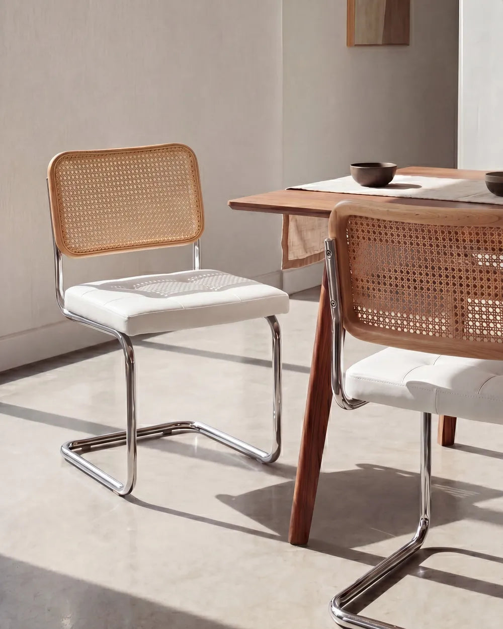 Two modern dining chairs with woven cane backs and white seat cushions, positioned beside a wooden dining table in a bright, minimalist room.
