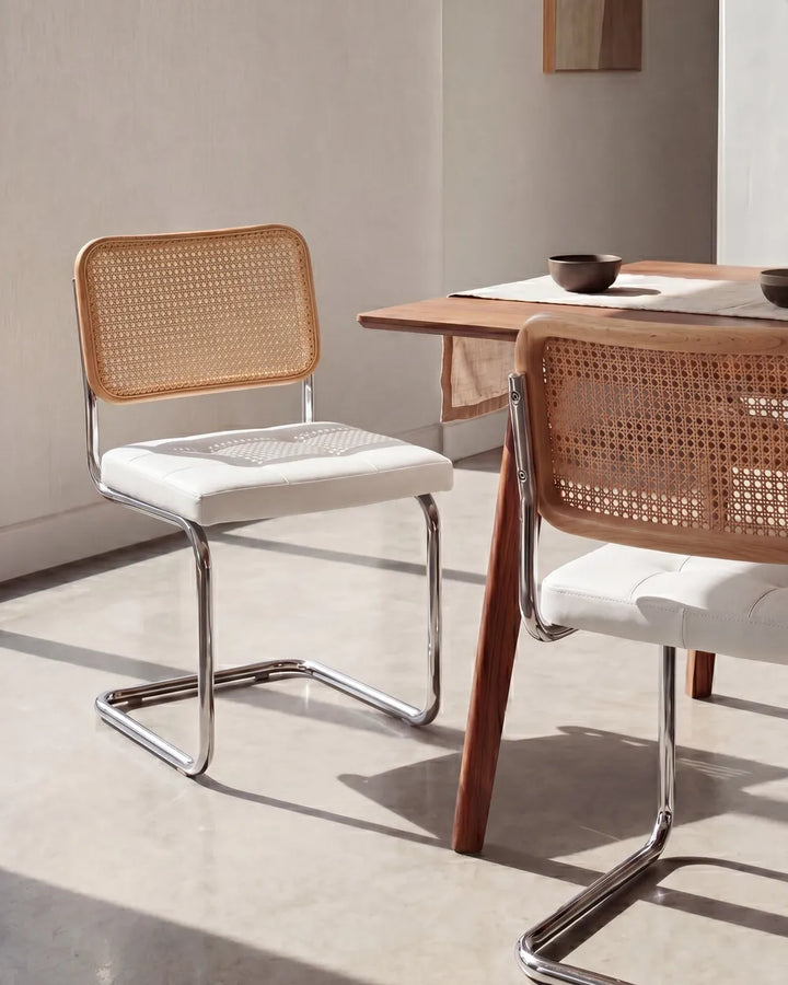Two modern dining chairs with woven cane backs and white seat cushions, positioned beside a wooden dining table in a bright, minimalist room.
