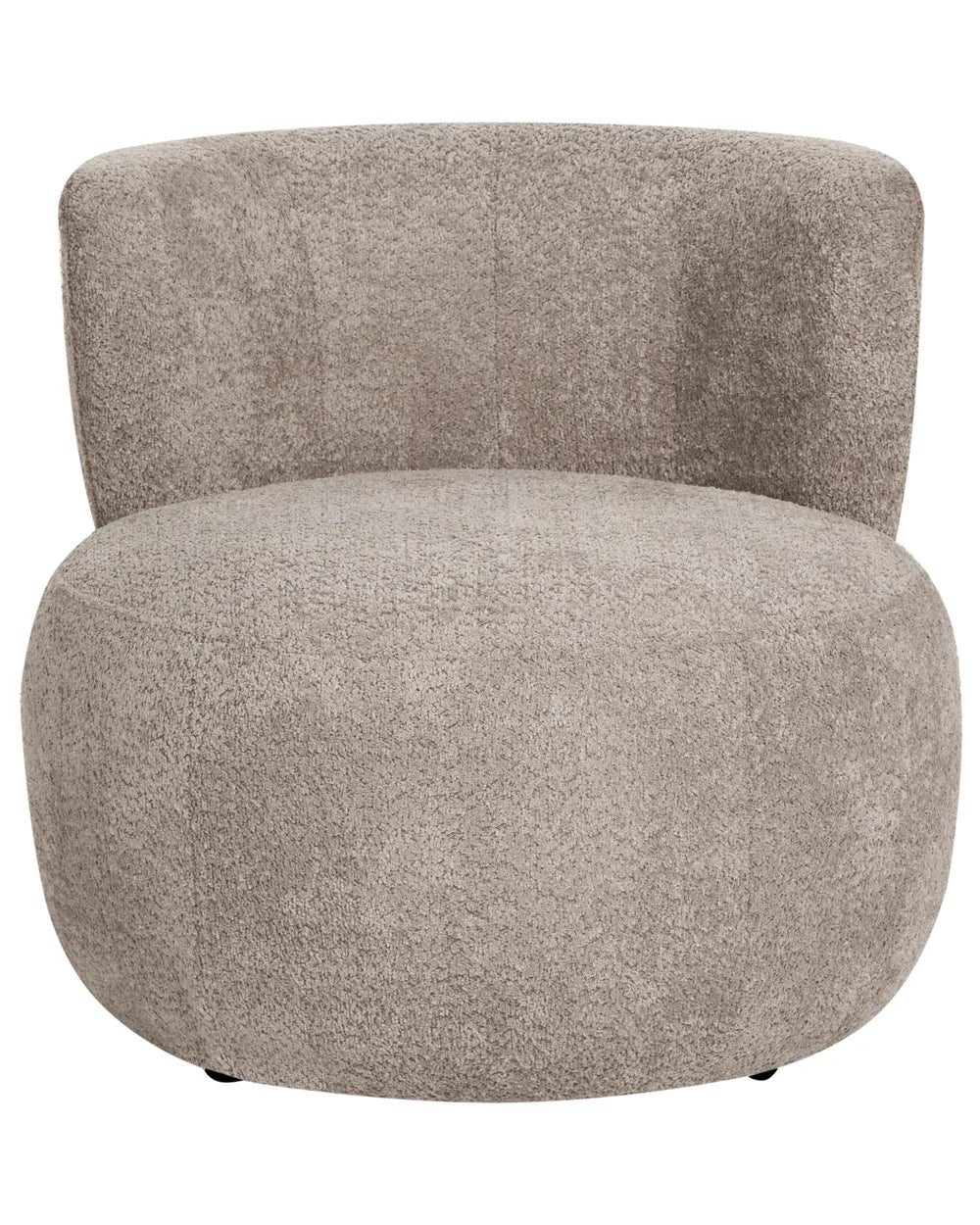 A modern round upholstered accent chair in a textured bouclé fabric, shown against a plain white background.