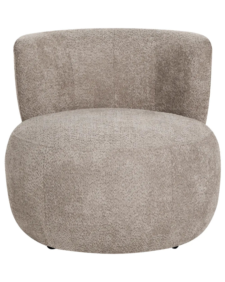 A modern round upholstered accent chair in a textured bouclé fabric, shown against a plain white background.