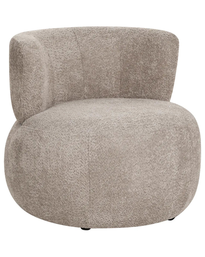 A modern barrel-style armchair upholstered in a textured bouclé fabric in a warm taupe-beige color, shown against a plain white background.