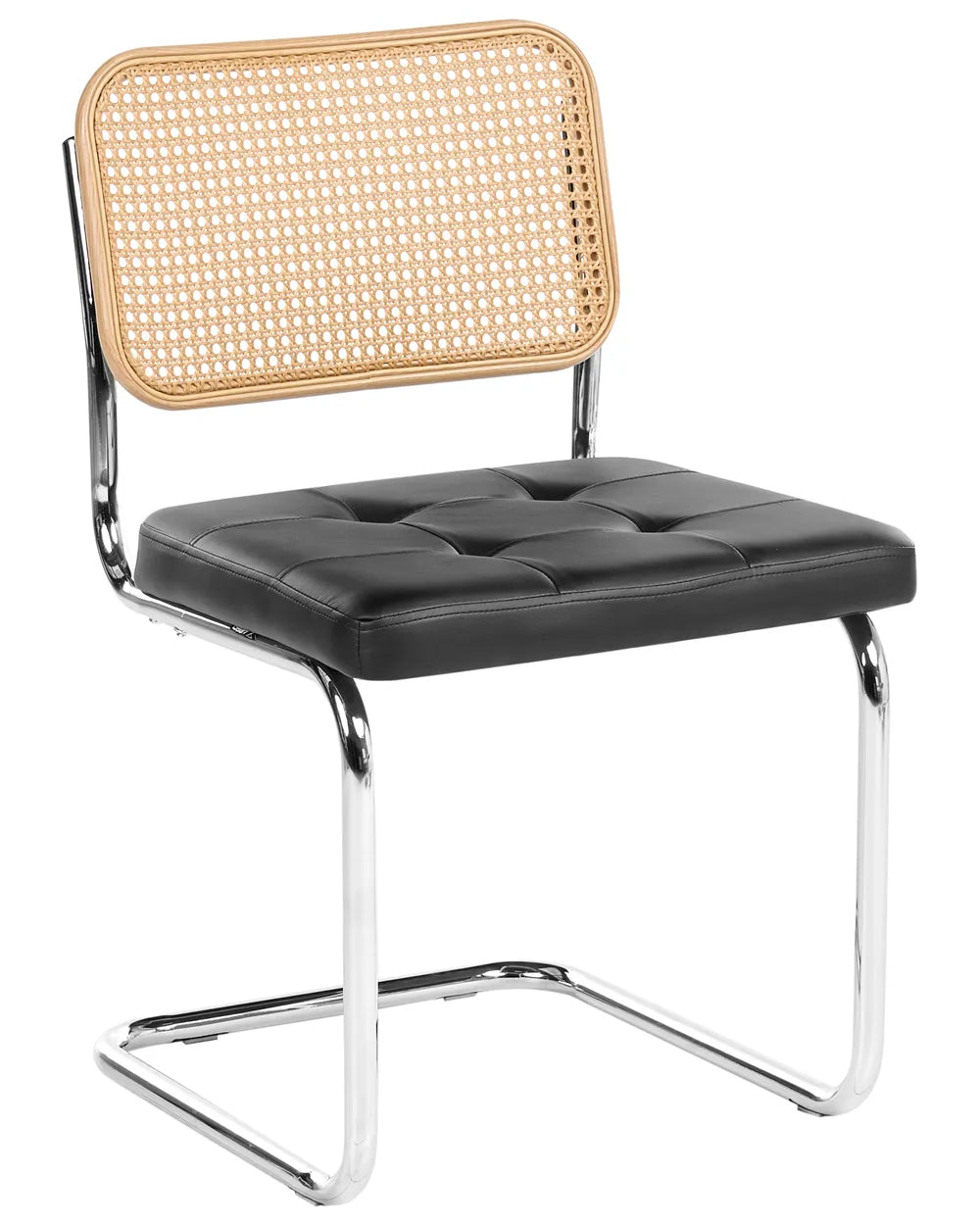 A modern cantilever dining chair with a black tufted faux leather seat, a natural woven cane backrest, and a polished chrome metal frame.