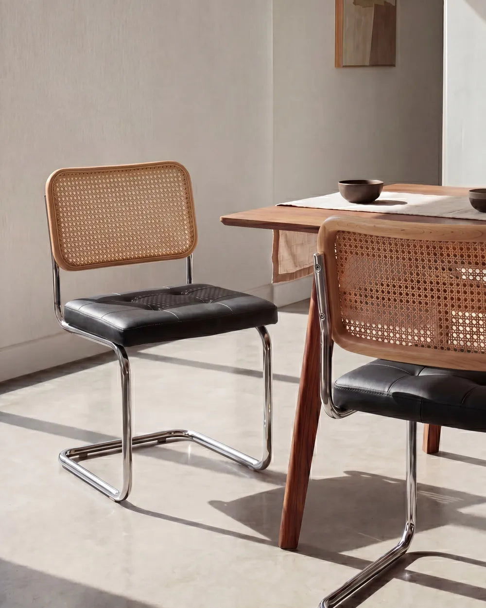 A modern dining chair with a curved chrome metal frame, black leather seat, and natural woven cane backrest, shown in a minimalist dining room setting next to a wooden table.