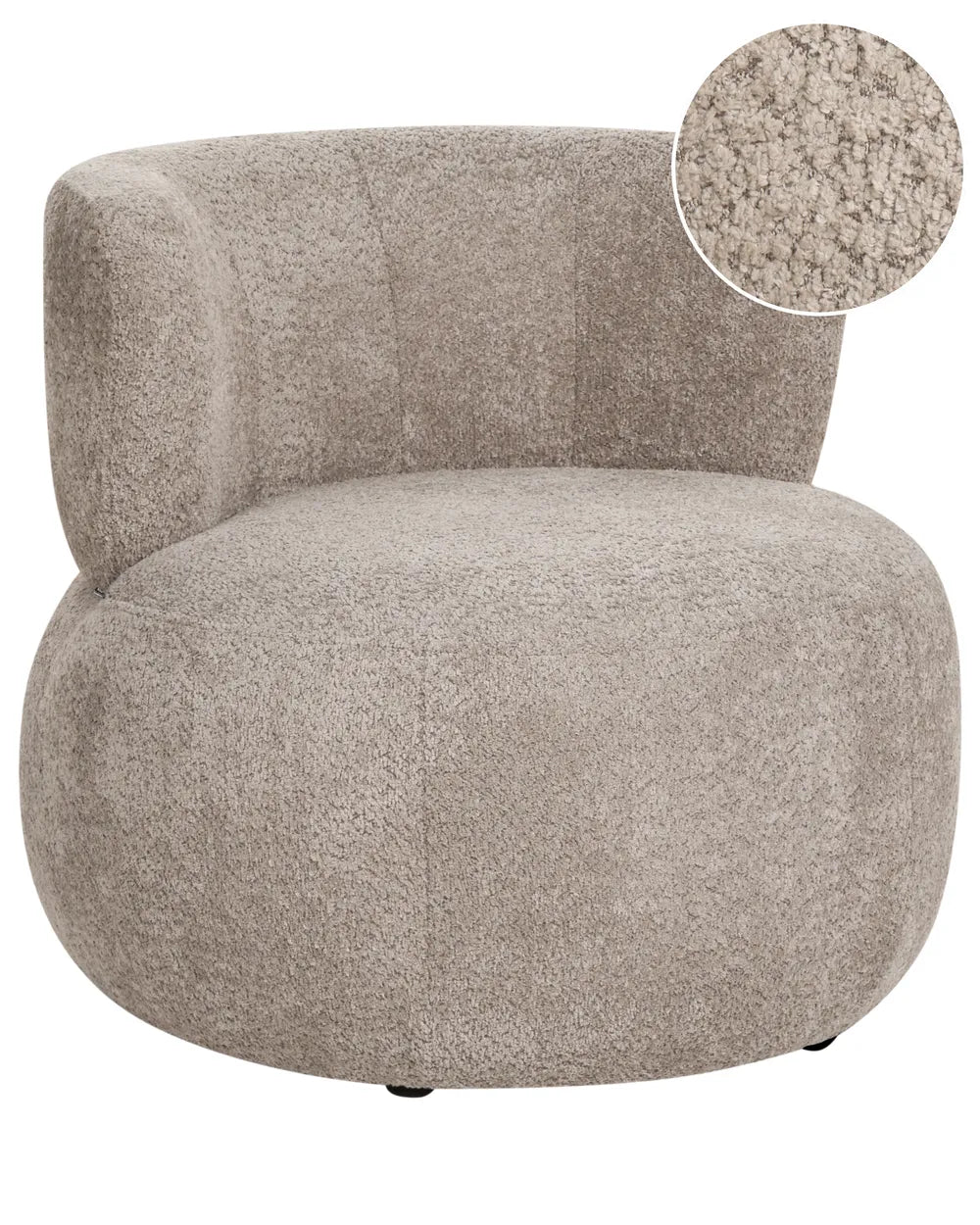 A round upholstered accent chair in a textured taupe bouclé fabric, featuring a circular inset in the top right showing a close-up of the fabric texture.