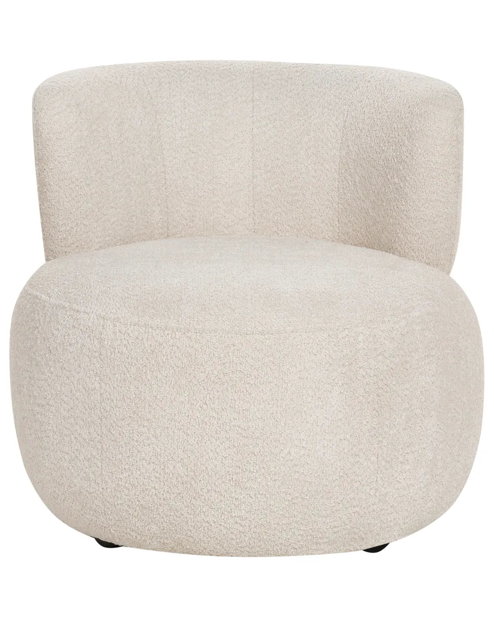 A modern round upholstered accent chair in a textured bouclé fabric, shown against a plain white background.