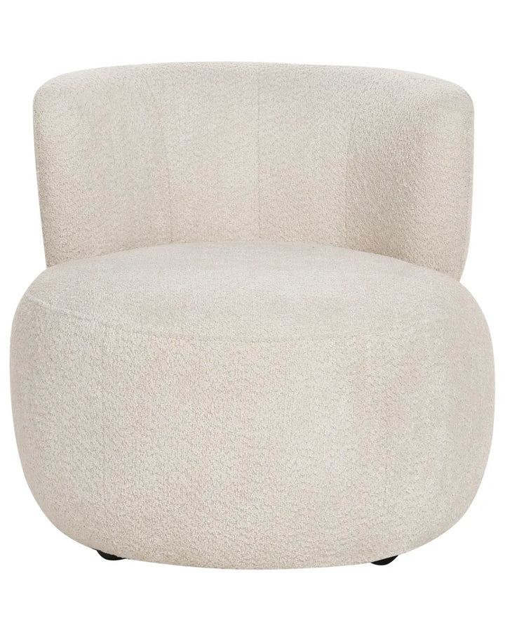 A modern round upholstered accent chair in a textured bouclé fabric, shown against a plain white background.