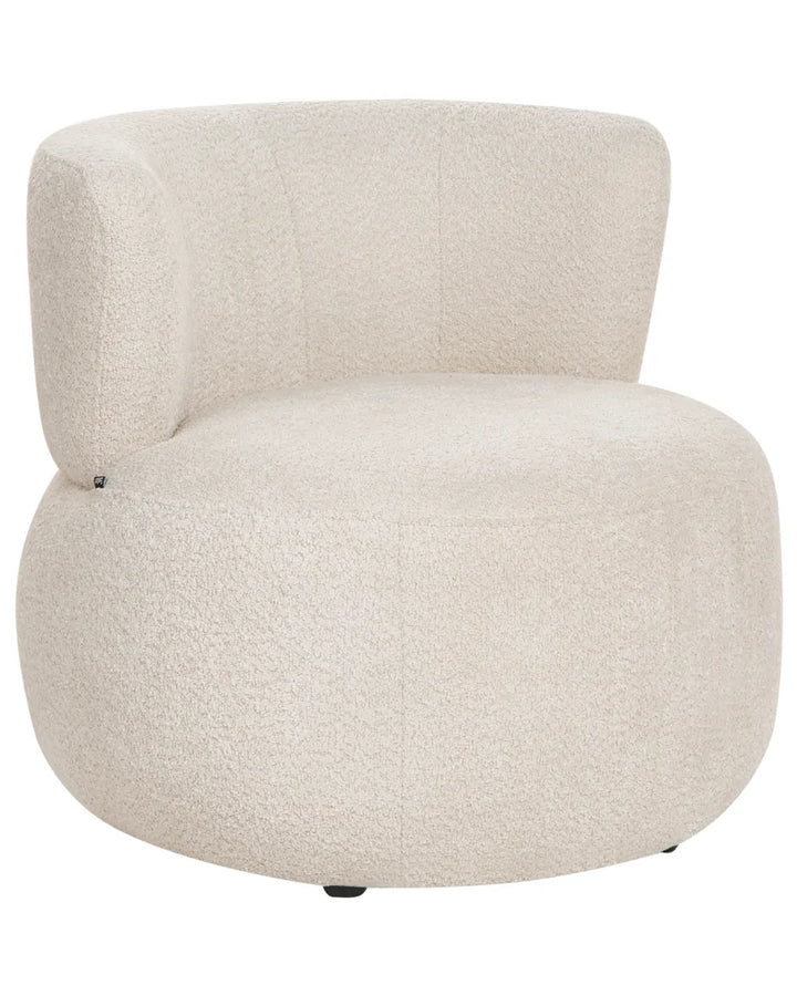 A modern round upholstered accent chair in a textured bouclé fabric, shown against a plain white background.