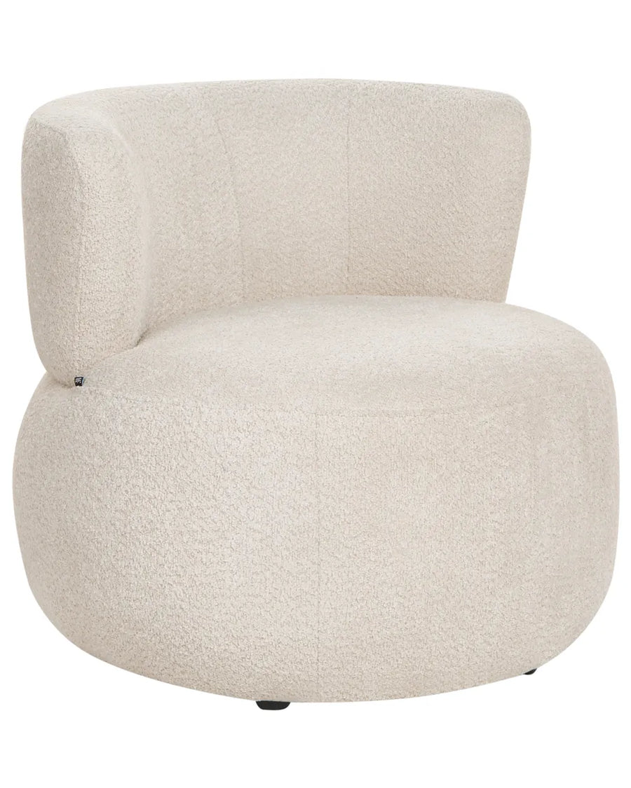 A modern round upholstered accent chair in a textured bouclé fabric, shown against a plain white background.