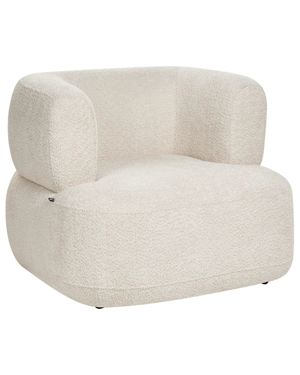 A modern low-profile armchair upholstered in a textured bouclé fabric in a warm off-white or cream color, shown against a plain white background.