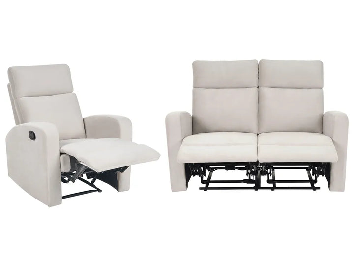 A light beige upholstered recliner chair shown reclining with the footrest extended, alongside a matching two-seat reclining sofa on a plain white background.