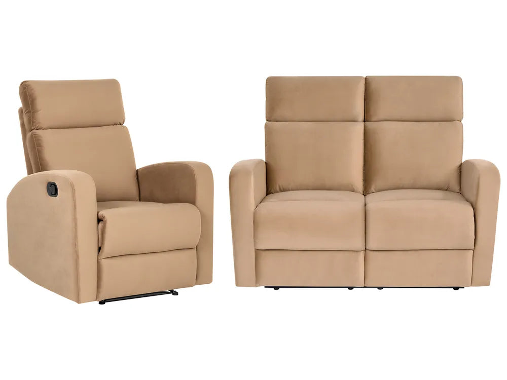 A beige upholstered recliner chair shown beside a matching two-seat loveseat on a plain white background.