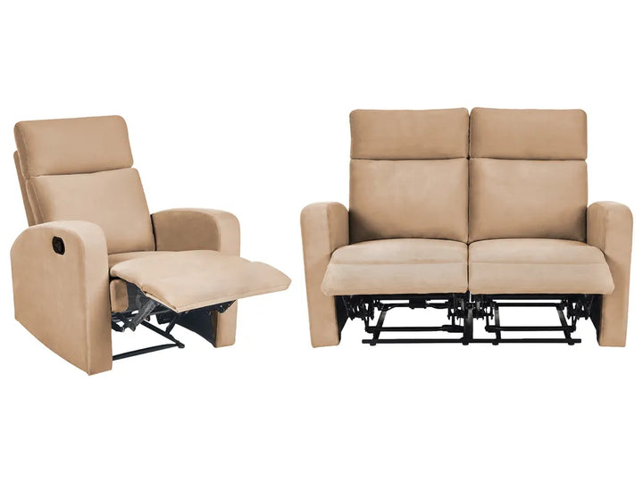 A beige upholstered recliner chair shown reclining with the footrest extended, alongside a matching two-seat reclining loveseat on a plain white background.