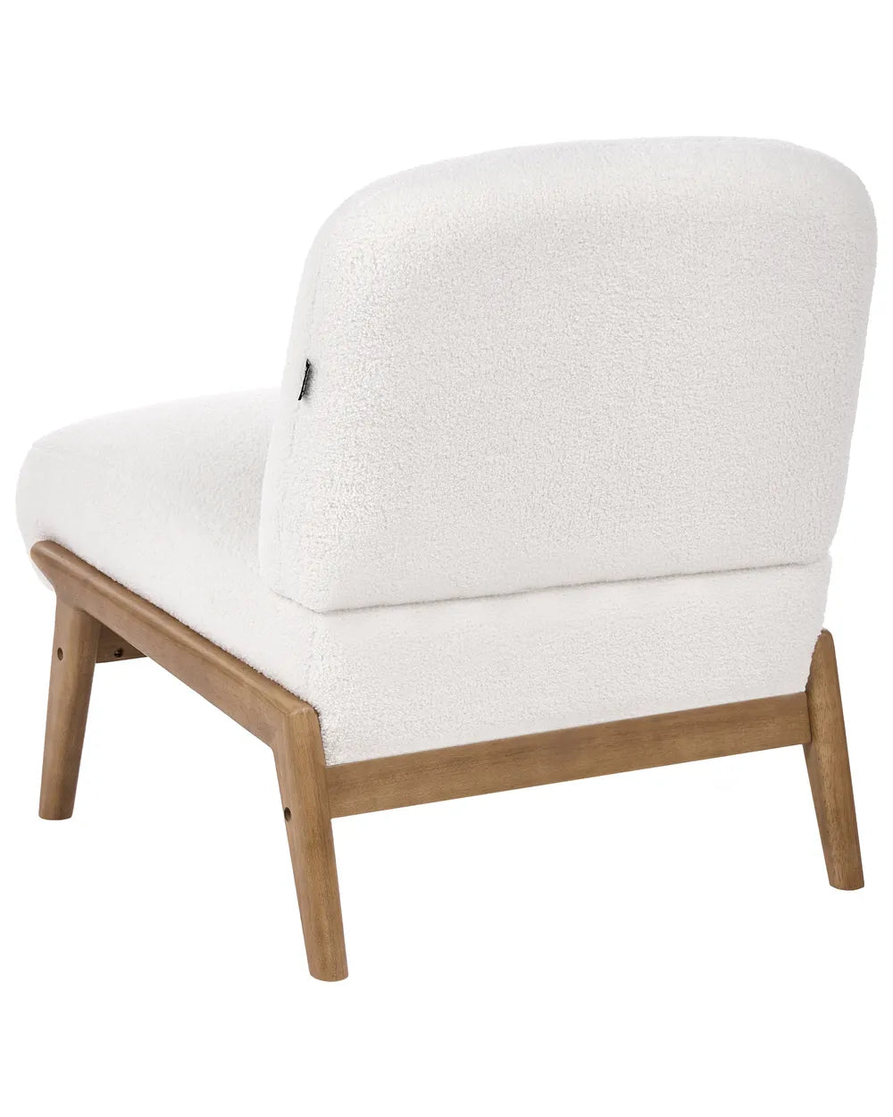 A modern accent chair with a textured off-white bouclé upholstered seat and backrest, supported by a light brown wooden frame with tapered legs, shown against a plain white background.