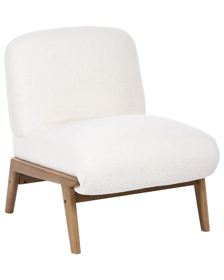A modern accent chair with a textured off-white bouclé upholstered seat and backrest, supported by a light brown wooden frame with tapered legs, shown against a plain white background.