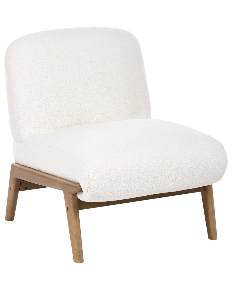 A modern accent chair with a textured off-white bouclé upholstered seat and backrest, supported by a light brown wooden frame with tapered legs, shown against a plain white background.