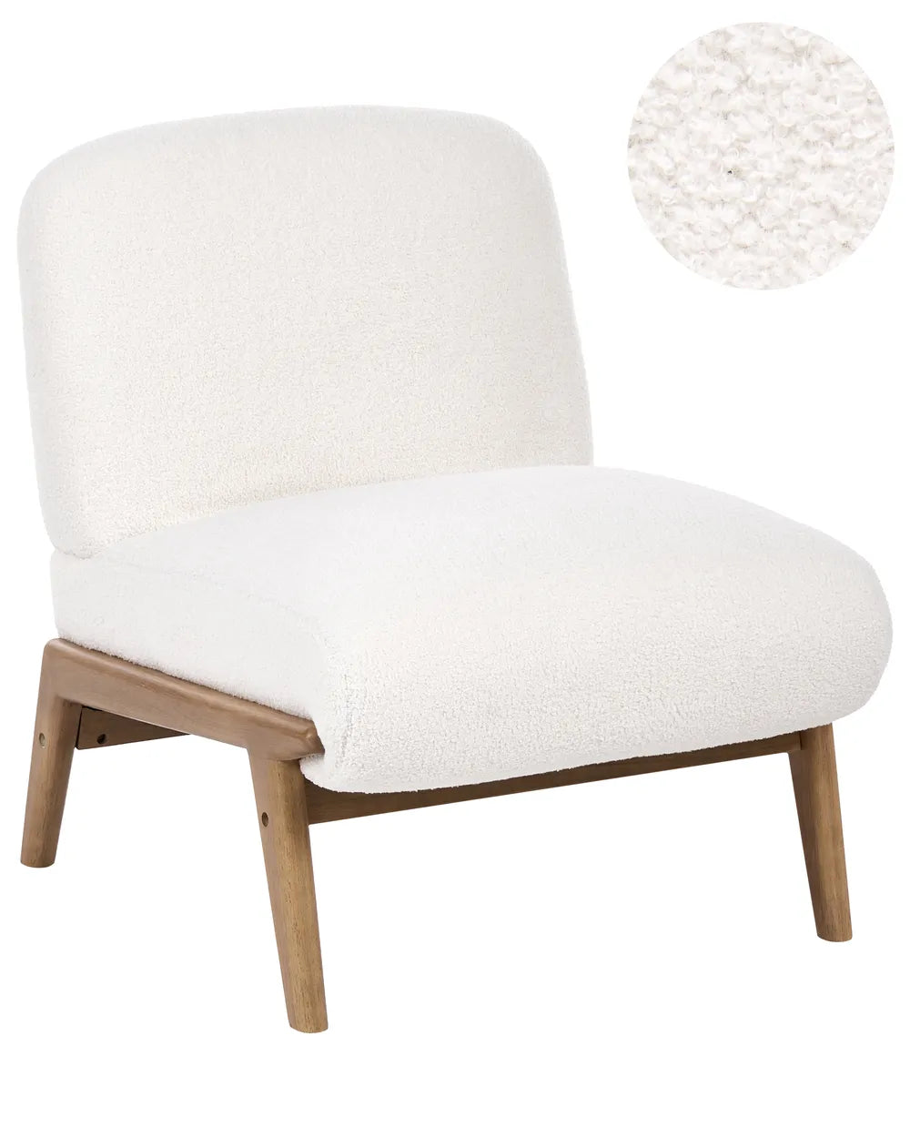 A modern accent chair with a textured off-white bouclé upholstered seat and backrest, supported by a light natural wood frame with tapered legs. A circular inset in the top right shows a close-up of the bouclé fabric texture.