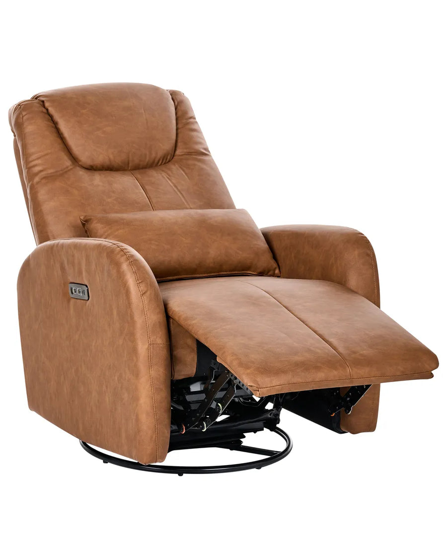 A brown faux leather recliner chair with a matching headrest pillow, shown in a fully extended reclined position. The chair features a black circular swivel base and a small power control panel on the outer armrest.