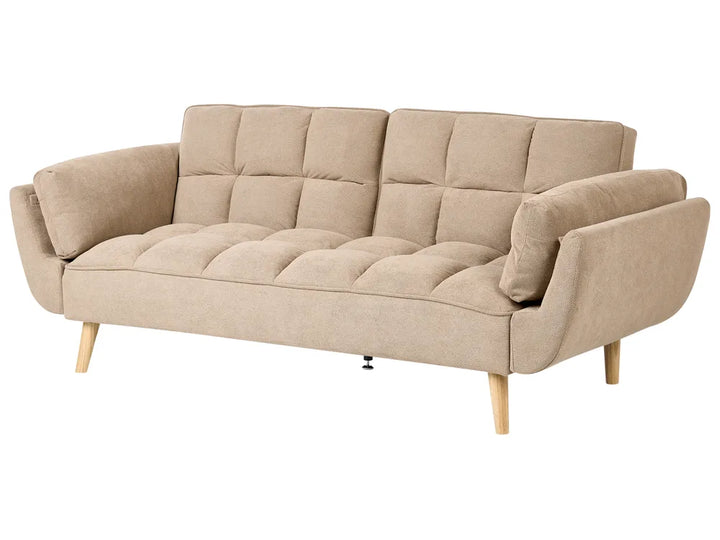 A modern two-seater sofa in a light beige textured fabric, featuring a tufted backrest and seat cushion, angled armrests, and light-colored wooden legs, shown against a plain white background.
