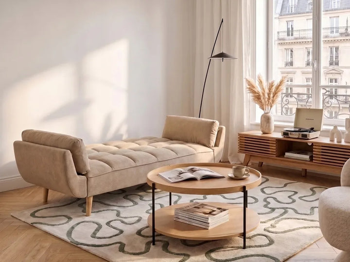 A beige tufted chaise lounge chair in a modern, sunlit living room with a patterned rug, wooden coffee table, and a window view.