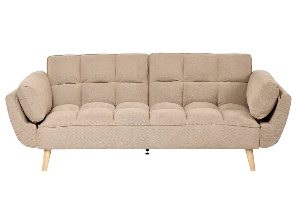 A beige upholstered loveseat sofa with a tufted backrest and seat, rounded arms, and light wood legs, shown against a plain white background.