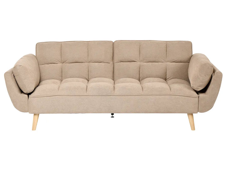 A beige upholstered loveseat sofa with a tufted backrest and seat, rounded arms, and light wood legs, shown against a plain white background.