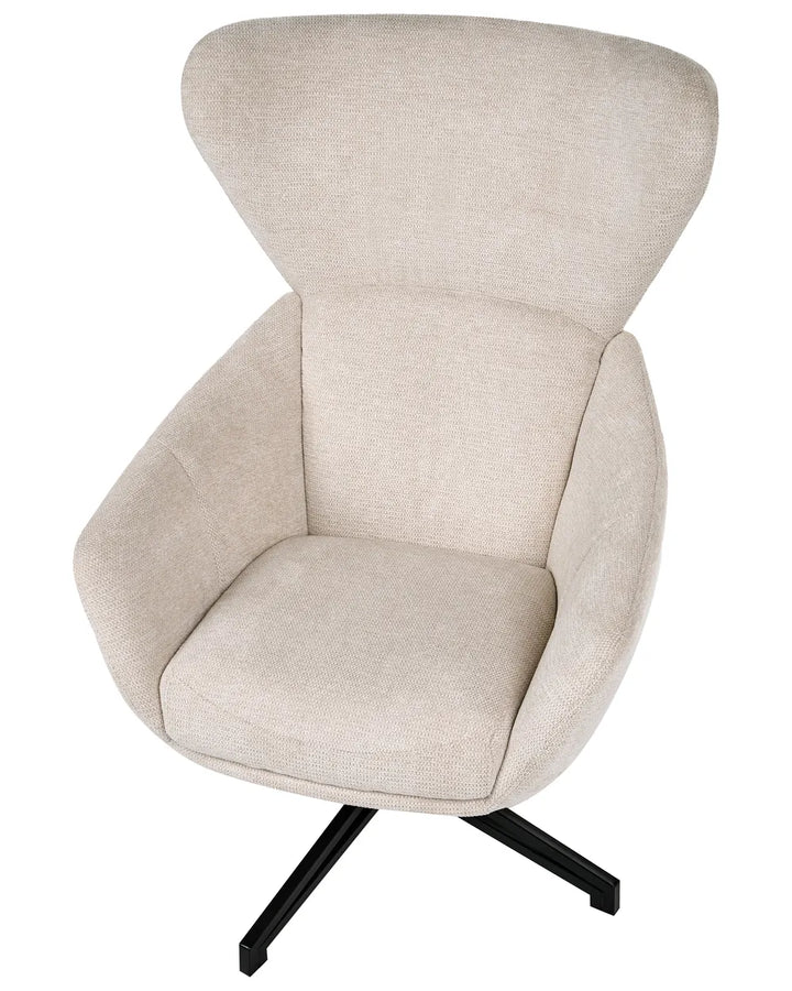 A modern wingback swivel armchair upholstered in a textured light beige fabric, featuring a black metal swivel base, shown against a plain white background.