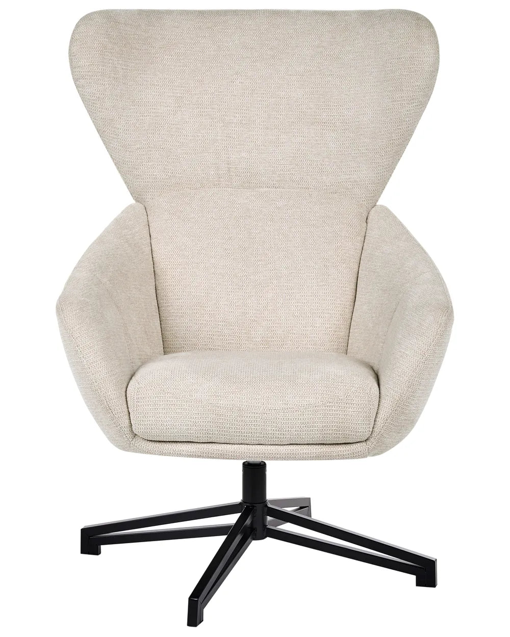 A modern high-back swivel lounge chair upholstered in a textured cream-beige fabric, featuring a black metal four-star base, shown against a plain white background.