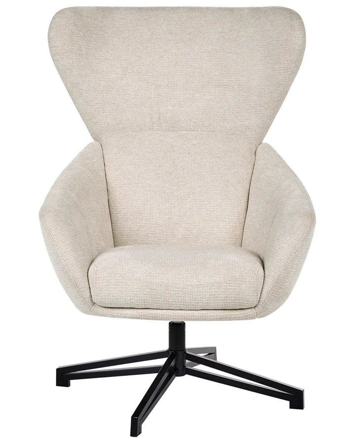 A modern high-back swivel lounge chair upholstered in a textured cream-beige fabric, featuring a black metal four-star base, shown against a plain white background.