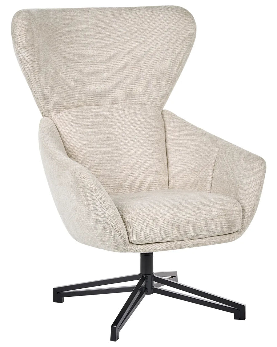 A modern swivel armchair with a high wingback backrest, upholstered in a textured light beige fabric, mounted on a black metal four-star swivel base.