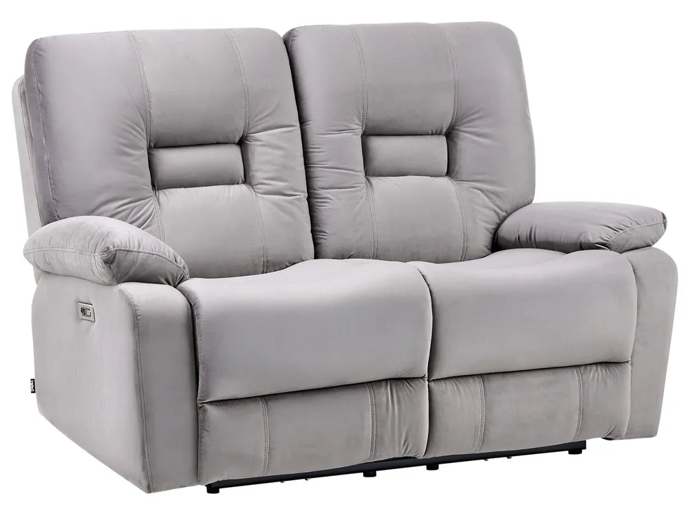 A light gray upholstered reclining loveseat with two padded backrests, wide armrests, and visible power-control buttons on the outer sides, shown on a plain white background.