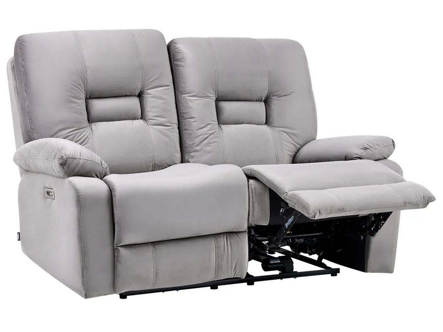 A light gray upholstered recliner loveseat with two padded seats, shown on a white background. The right seat is reclined with the footrest extended.