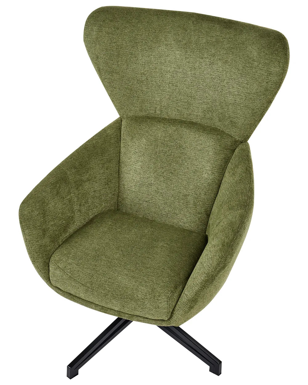 An upholstered accent chair in textured olive green fabric with a black metal swivel base, shown against a plain white background.